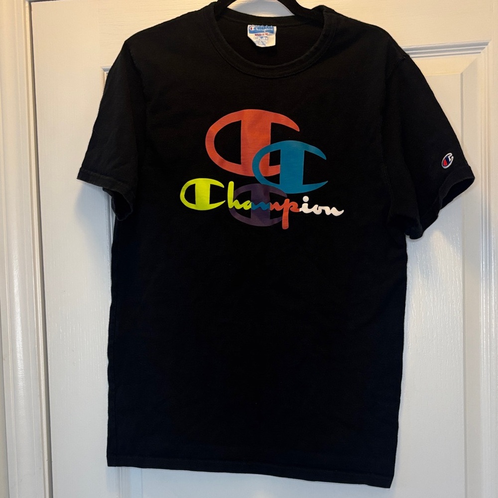 Champion Men's Black Multicolor Logo T-Shirt Size Medium